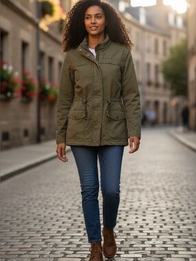 Levis Utility Anorak Jacket Womens Small Olive Green Military Cargo Coat